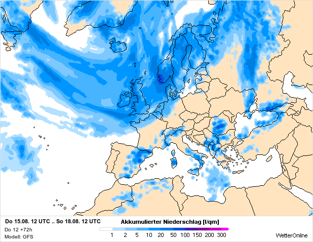Cumulated precipitation for the next three days. It is obvious that the ride through Germany will be less humid than a visit to the British islands.