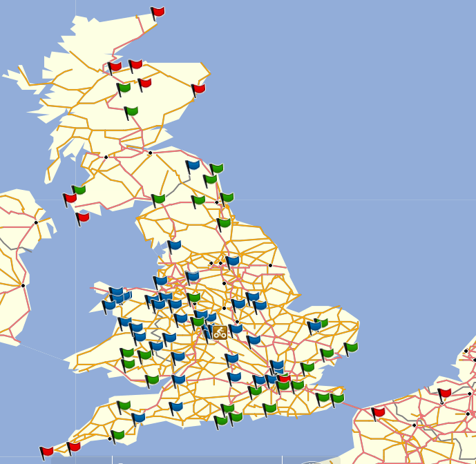 Categorised bonus point locations. Rally start, checkpoint and finish in Coventry. Red: high points value. Green: middle. Blue: low.