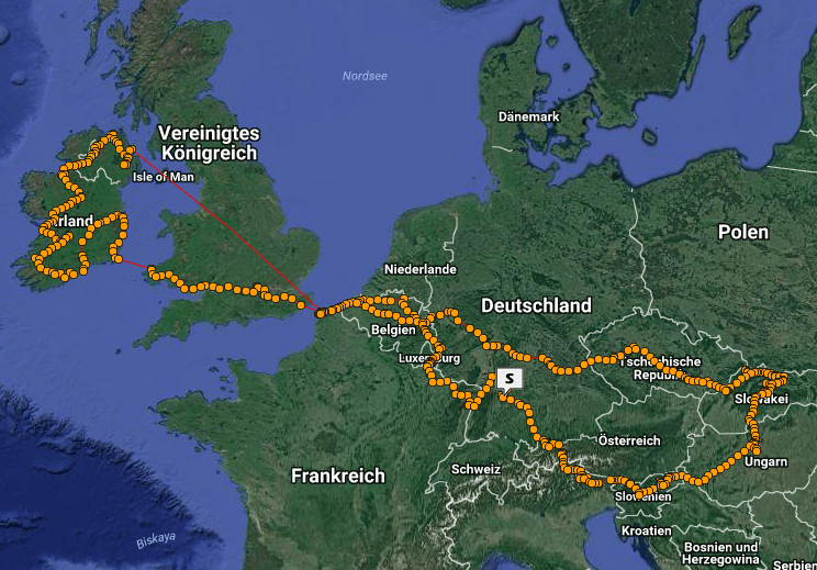 My GPS track from the European Tour 2016. Obviously the spotwalla server was down when I crossed Great Britain, because the same happen with both devices.
