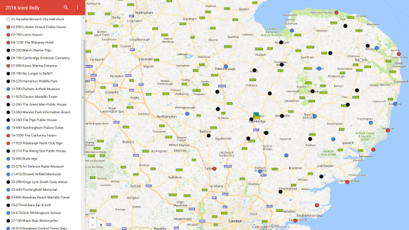 The bonus point locations of the Iceni Rally 2016